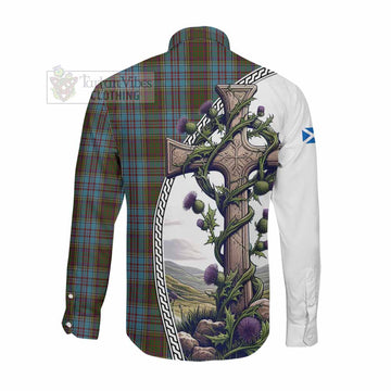 Anderson Tartan Long Sleeve Button Shirt with Family Crest and St. Andrew's Cross Accented by Thistle Vines