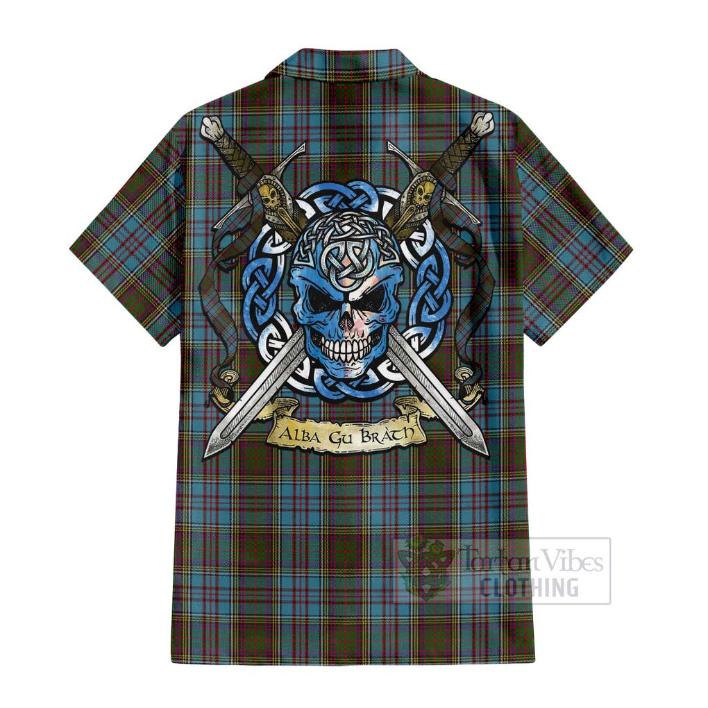 Tartan Vibes Clothing Anderson Tartan Short Sleeve Button Shirt with Family Crest Celtic Skull Style