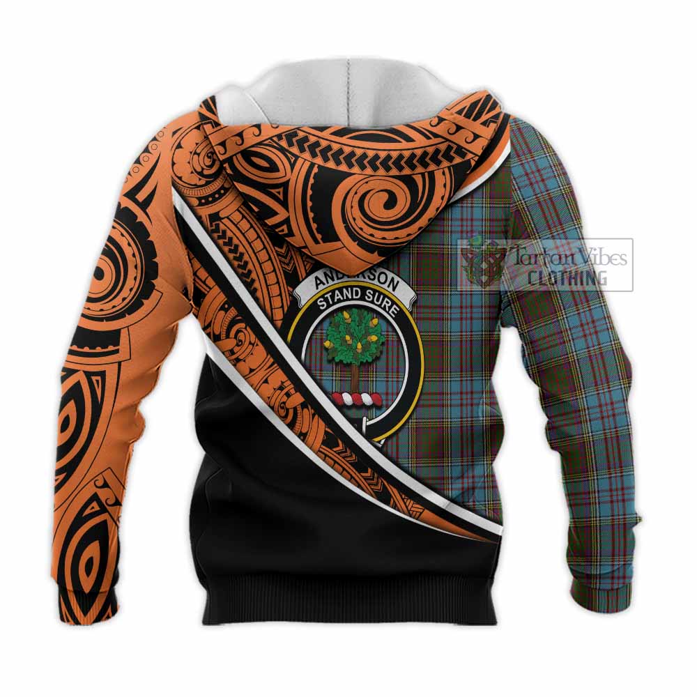 Tartan Vibes Clothing Anderson Crest Tartan Knitted Hoodie with Maori Tattoo Style - Orange Version