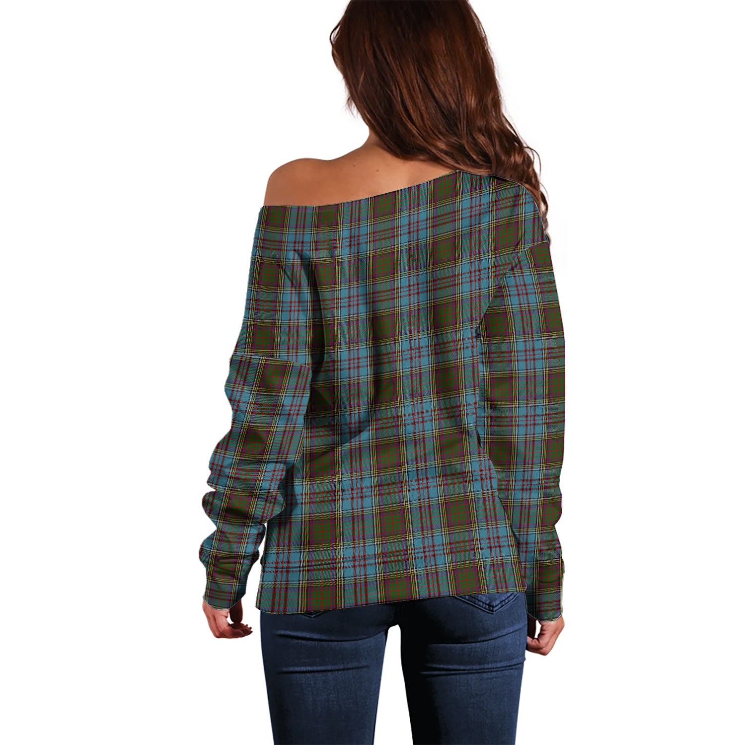 Anderson Tartan Off Shoulder Women Sweater with Family Crest - Tartanvibesclothing