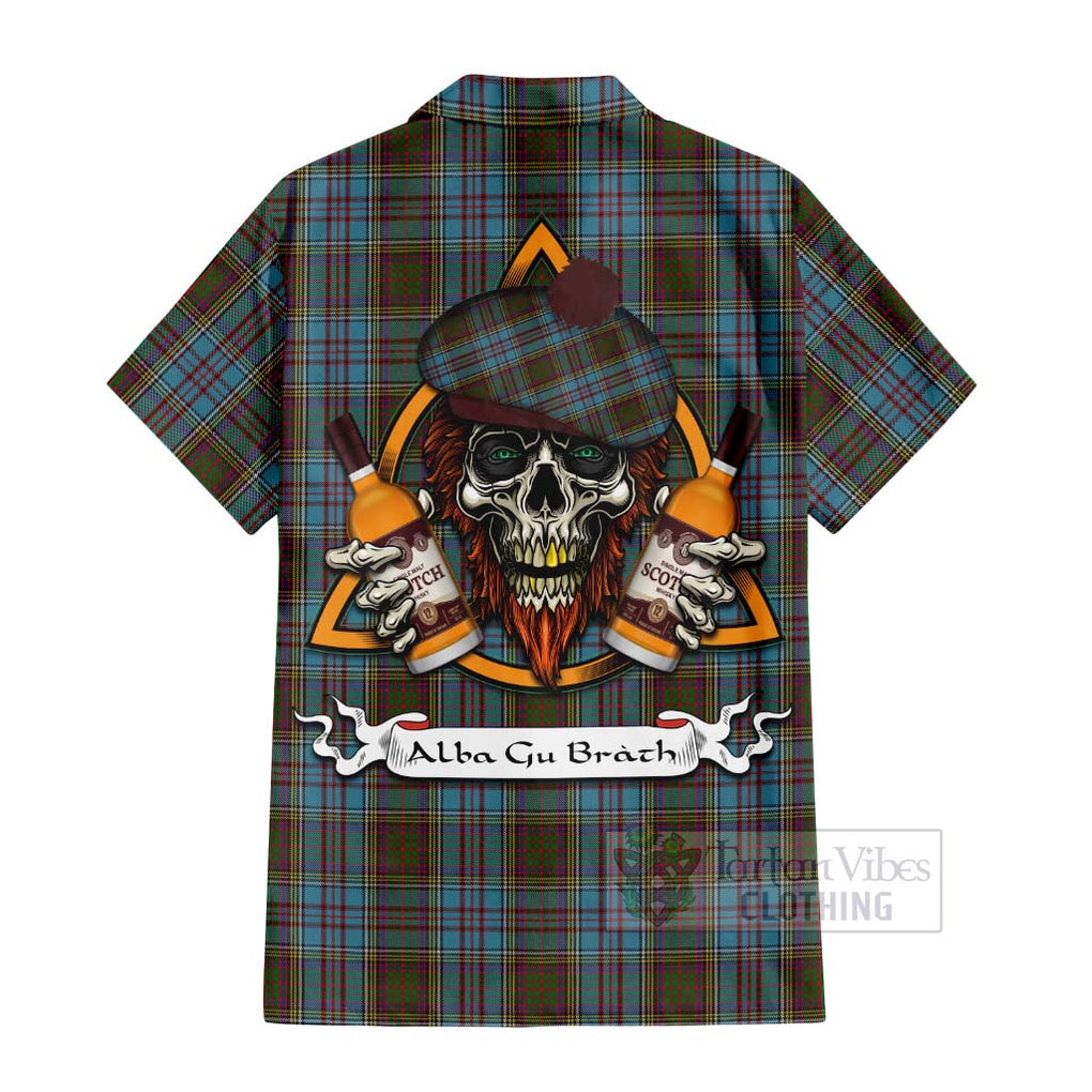 Tartan Vibes Clothing Anderson Tartan Short Sleeve Button Shirt with Family Crest and Bearded Skull Holding Bottles of Whiskey