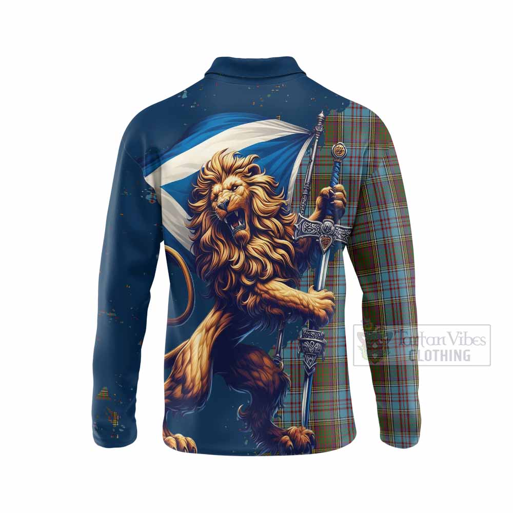 Tartan Vibes Clothing Anderson Tartan Family Crest Long Sleeve Polo Shirt with Scottish Majestic Lion