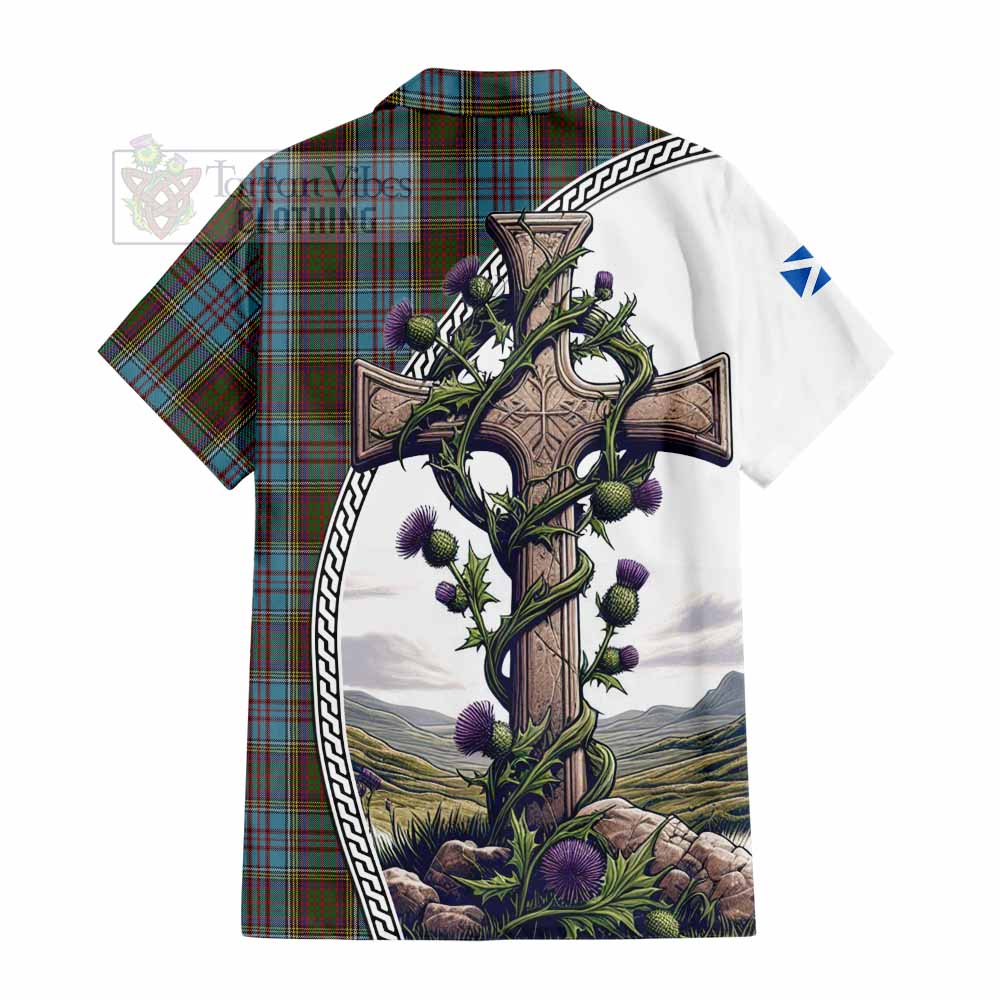 Tartan Vibes Clothing Anderson Tartan Short Sleeve Button Shirt with Family Crest and St. Andrew's Cross Accented by Thistle Vines