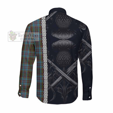 Anderson Tartan Long Sleeve Button Shirt with Family Crest Cross Sword Thistle Celtic Vibes