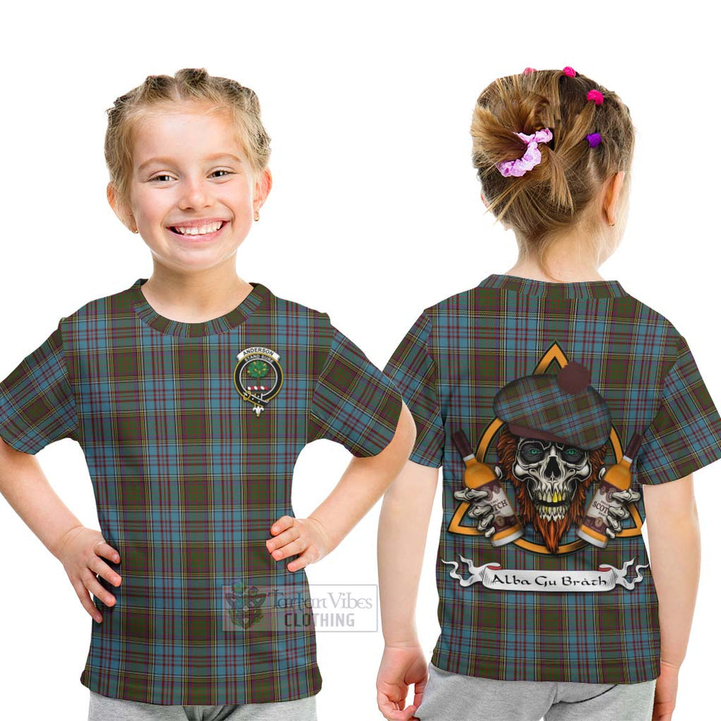 Tartan Vibes Clothing Anderson Tartan Kid T-Shirt with Family Crest and Bearded Skull Holding Bottles of Whiskey