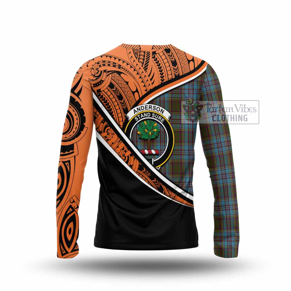 Tartan Vibes Clothing Anderson Crest Tartan Long Sleeve T-Shirt with Maori Tattoo Style - Orange Version