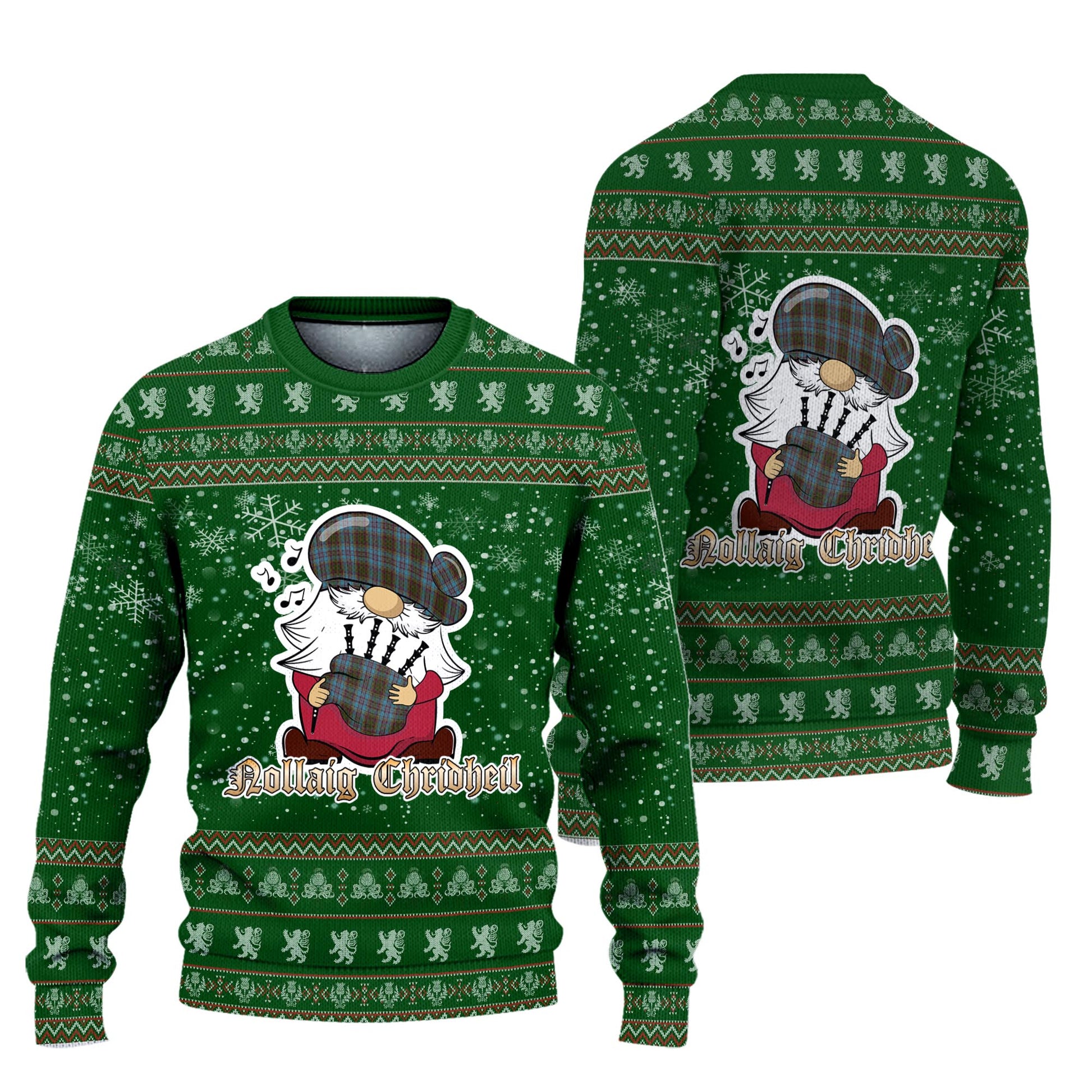 Anderson Clan Christmas Family Knitted Sweater with Funny Gnome Playing Bagpipes Unisex Green - Tartanvibesclothing