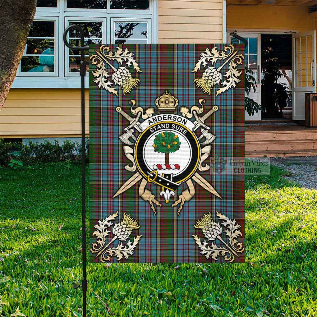 Tartan Vibes Clothing Anderson Tartan Flag with Family Crest and Golden Thistle Crossed Sword Design