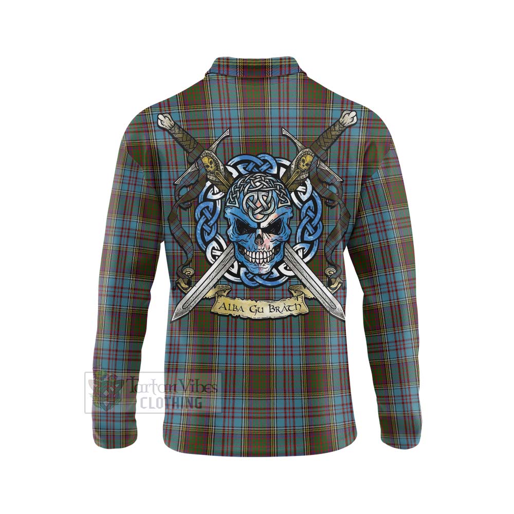 Tartan Vibes Clothing Anderson Tartan Long Sleeve Polo Shirt with Family Crest Celtic Skull Style