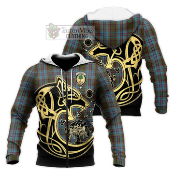 Anderson Tartan Knitted Hoodie with Family Crest Celtic Wolf Style