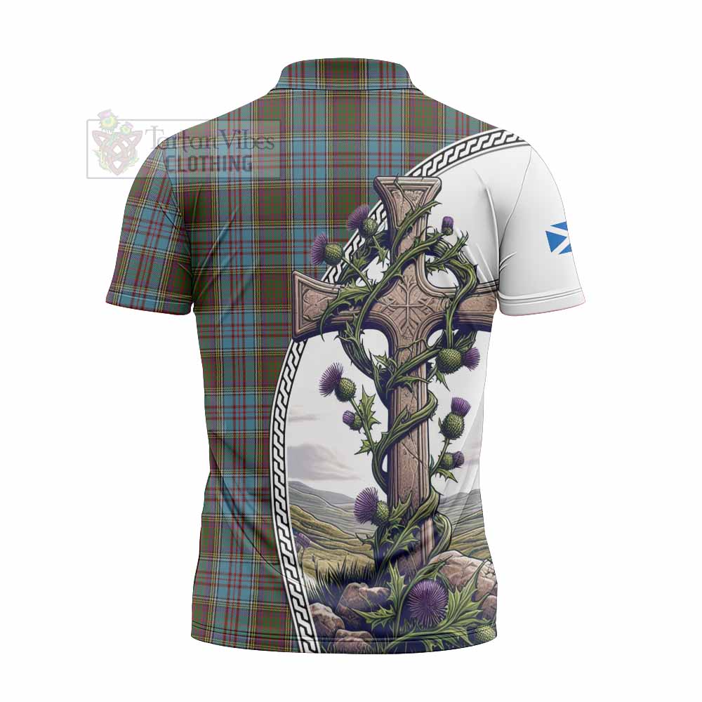 Tartan Vibes Clothing Anderson Tartan Zipper Polo Shirt with Family Crest and St. Andrew's Cross Accented by Thistle Vines