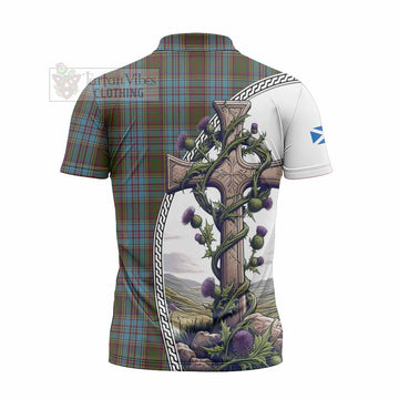 Anderson Tartan Zipper Polo Shirt with Family Crest and St. Andrew's Cross Accented by Thistle Vines