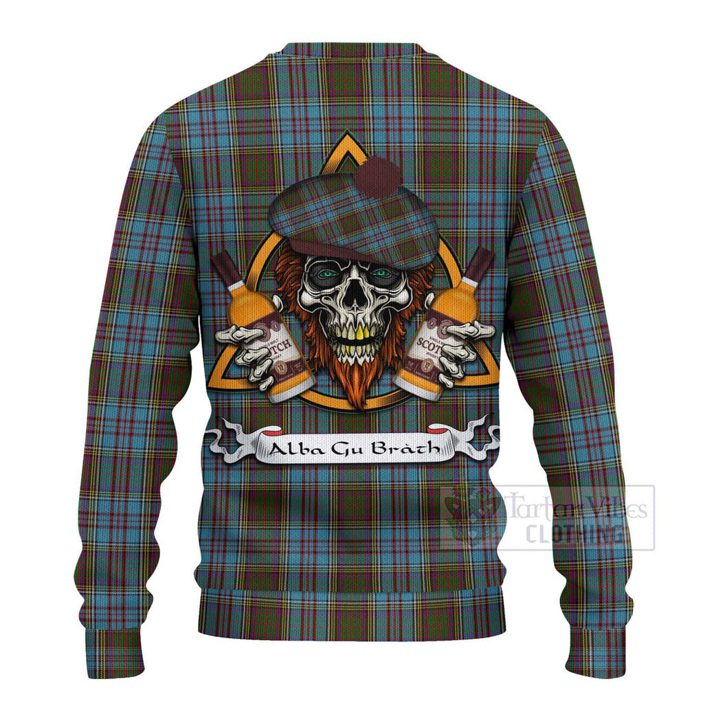 Tartan Vibes Clothing Anderson Tartan Knitted Sweater with Family Crest and Bearded Skull Holding Bottles of Whiskey