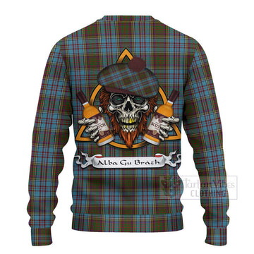 Anderson Tartan Ugly Sweater with Family Crest and Bearded Skull Holding Bottles of Whiskey