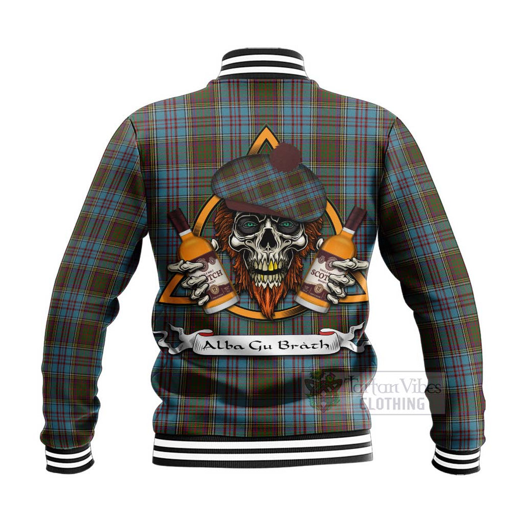 Tartan Vibes Clothing Anderson Tartan Baseball Jacket with Family Crest and Bearded Skull Holding Bottles of Whiskey