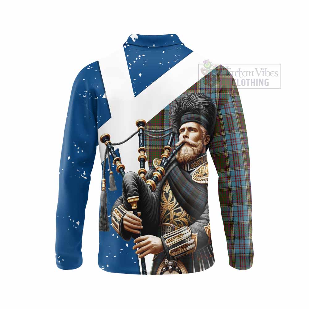 Tartan Vibes Clothing Anderson Tartan Long Sleeve Polo Shirt with Family Crest Scottish Bagpiper Vibes