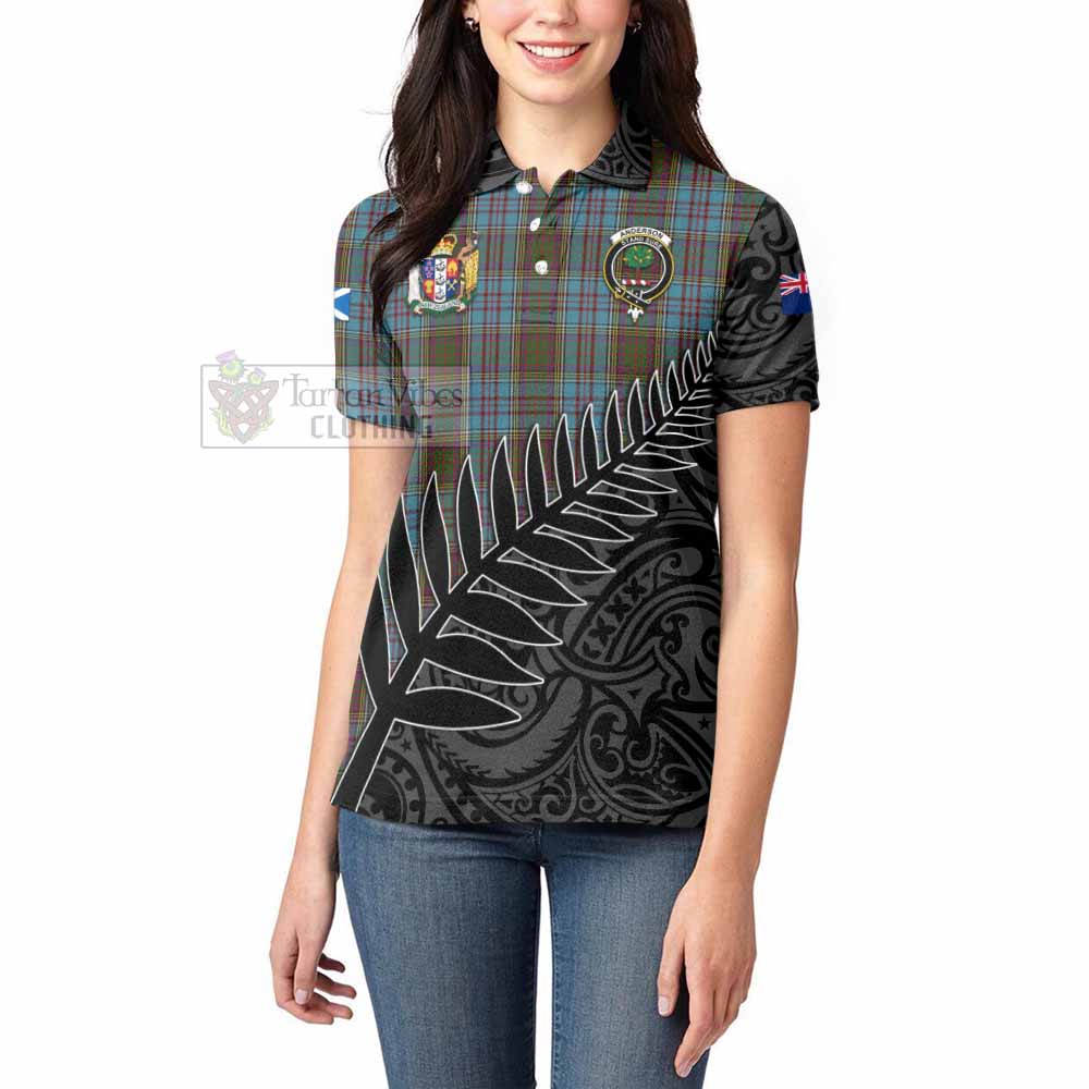 Tartan Vibes Clothing Anderson Crest Tartan Women's Polo Shirt with New Zealand Silver Fern Half Style