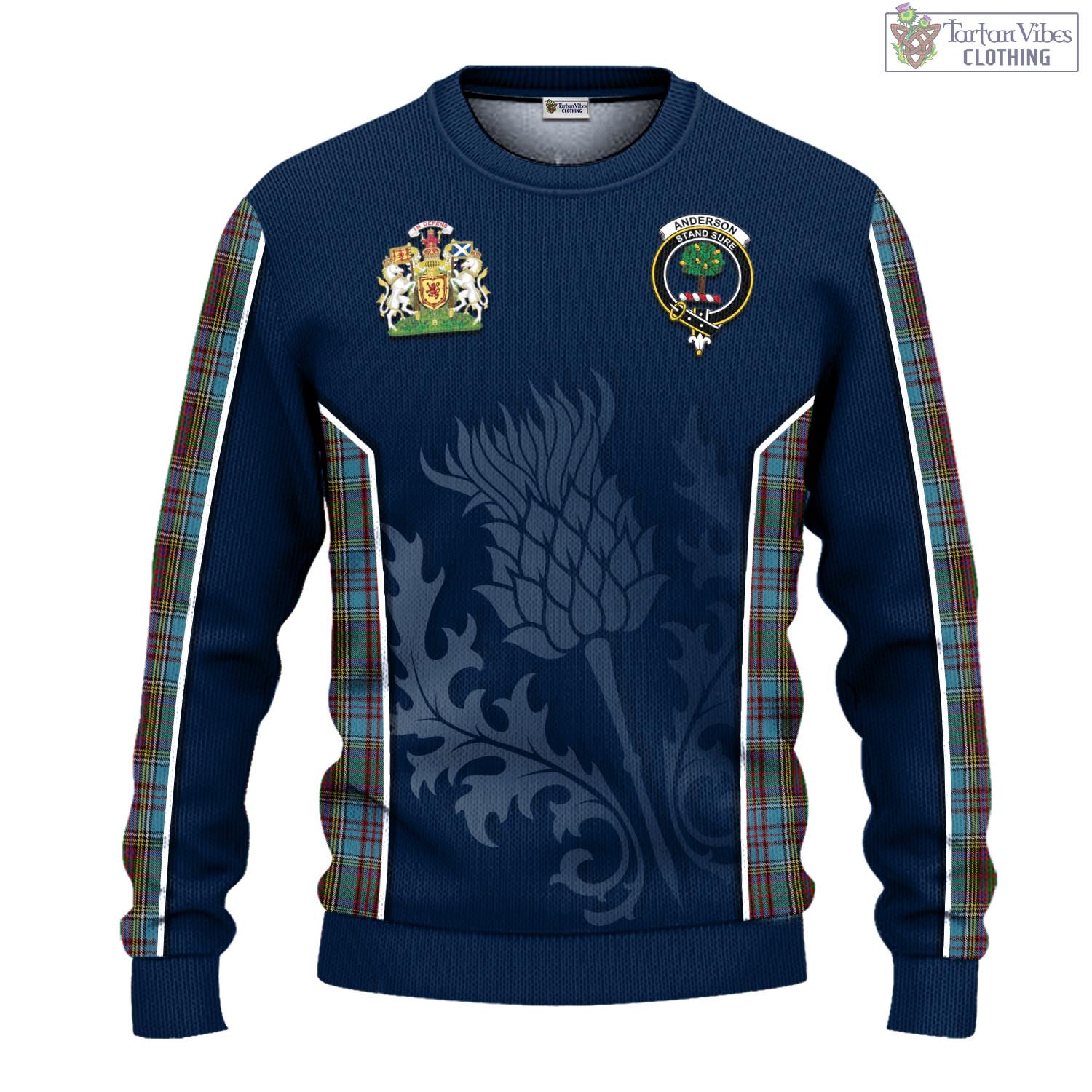 Tartan Vibes Clothing Anderson Tartan Knitted Sweatshirt with Family Crest and Scottish Thistle Vibes Sport Style