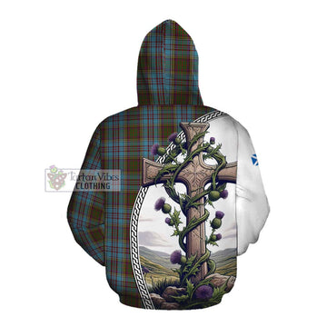 Anderson Tartan Cotton Hoodie with Family Crest and St. Andrew's Cross Accented by Thistle Vines