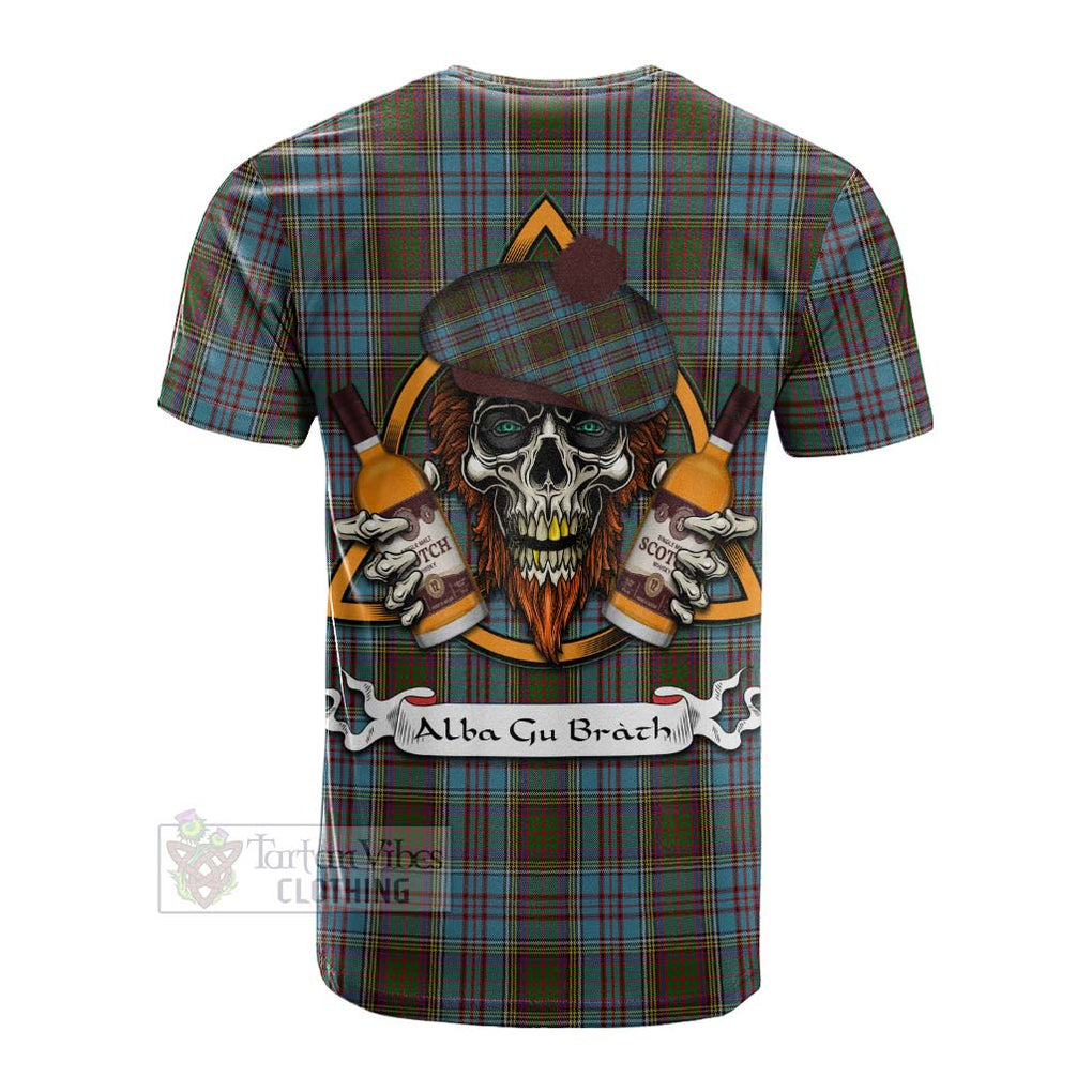 Tartan Vibes Clothing Anderson Tartan Cotton T-shirt with Family Crest and Bearded Skull Holding Bottles of Whiskey