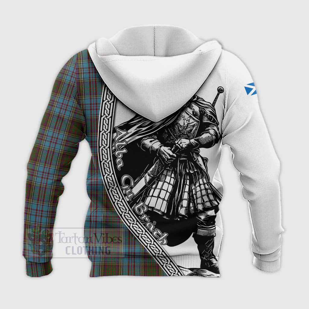 Tartan Vibes Clothing Anderson Tartan Clan Crest Knitted Hoodie with Highlander Warrior Celtic Style