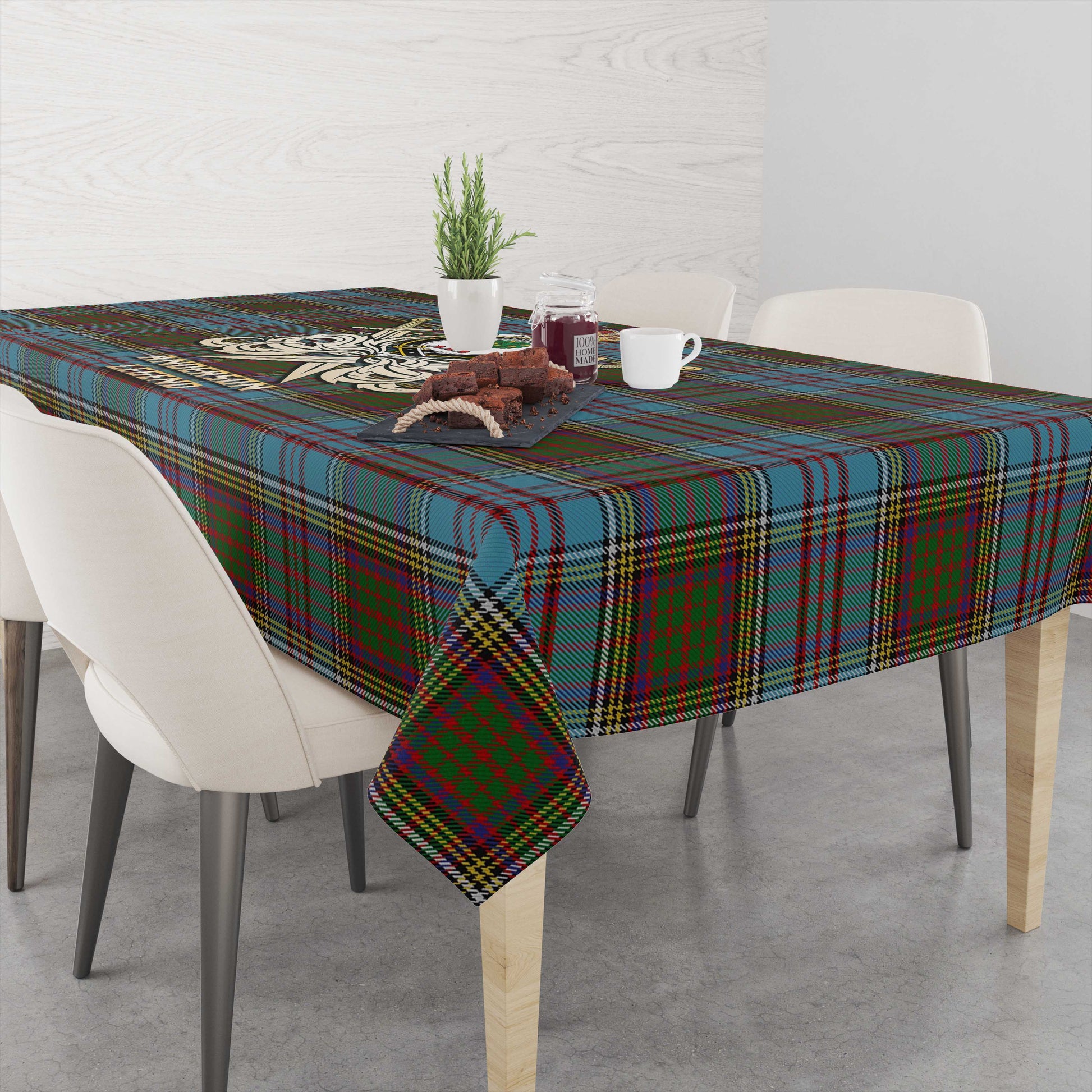 Tartan Vibes Clothing Anderson Tartan Tablecloth with Clan Crest and the Golden Sword of Courageous Legacy