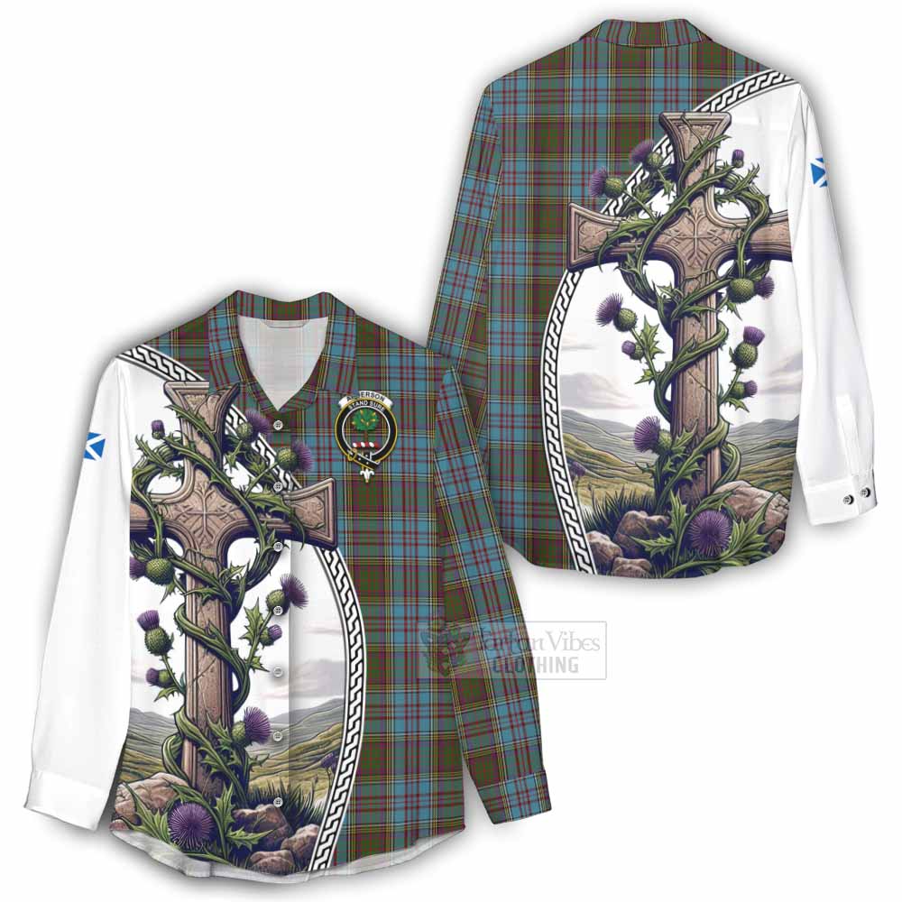 Tartan Vibes Clothing Anderson Tartan Women's Casual Shirt with Family Crest and St. Andrew's Cross Accented by Thistle Vines