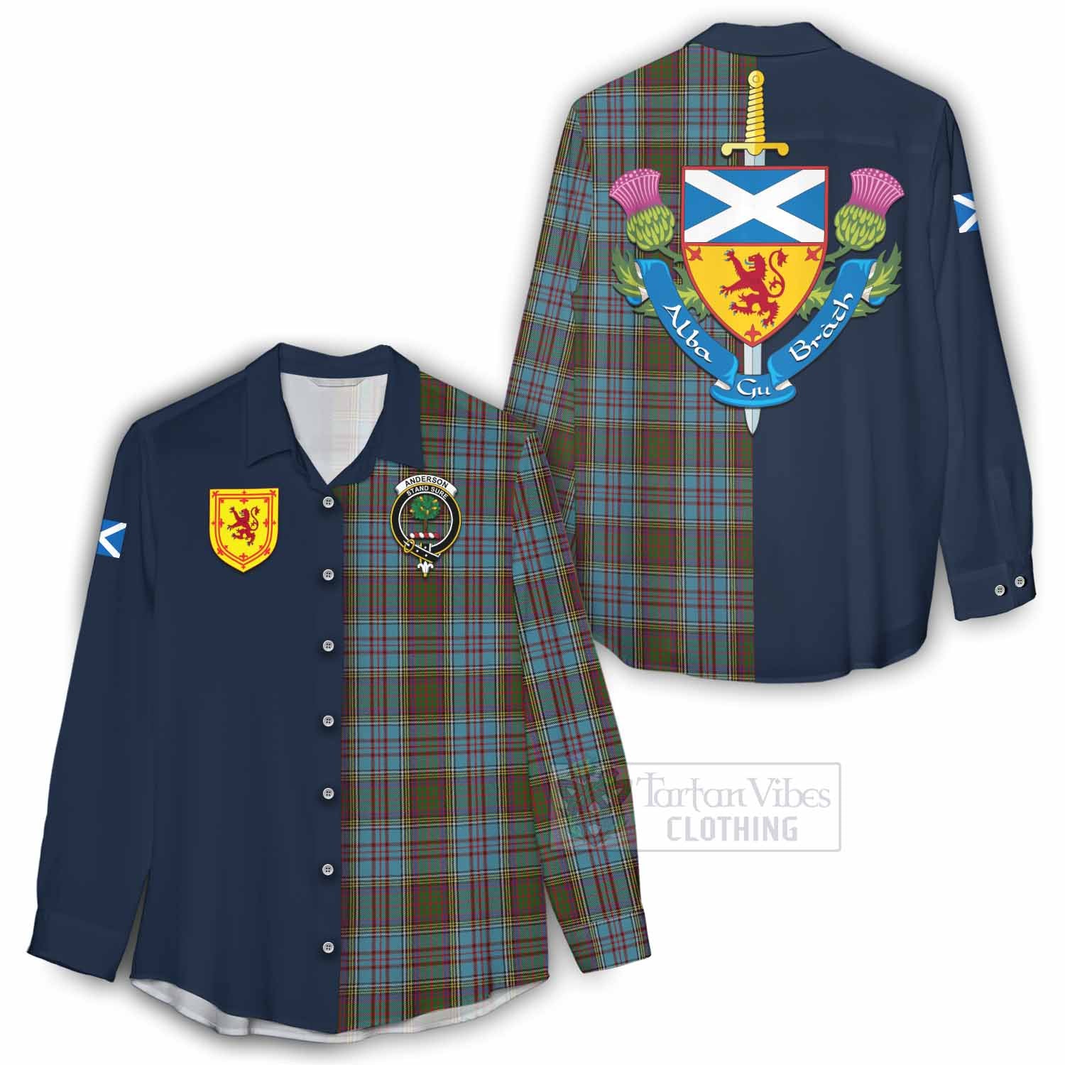 Tartan Vibes Clothing Anderson Tartan Women's Casual Shirt Alba with Scottish Lion Royal Arm Half Style