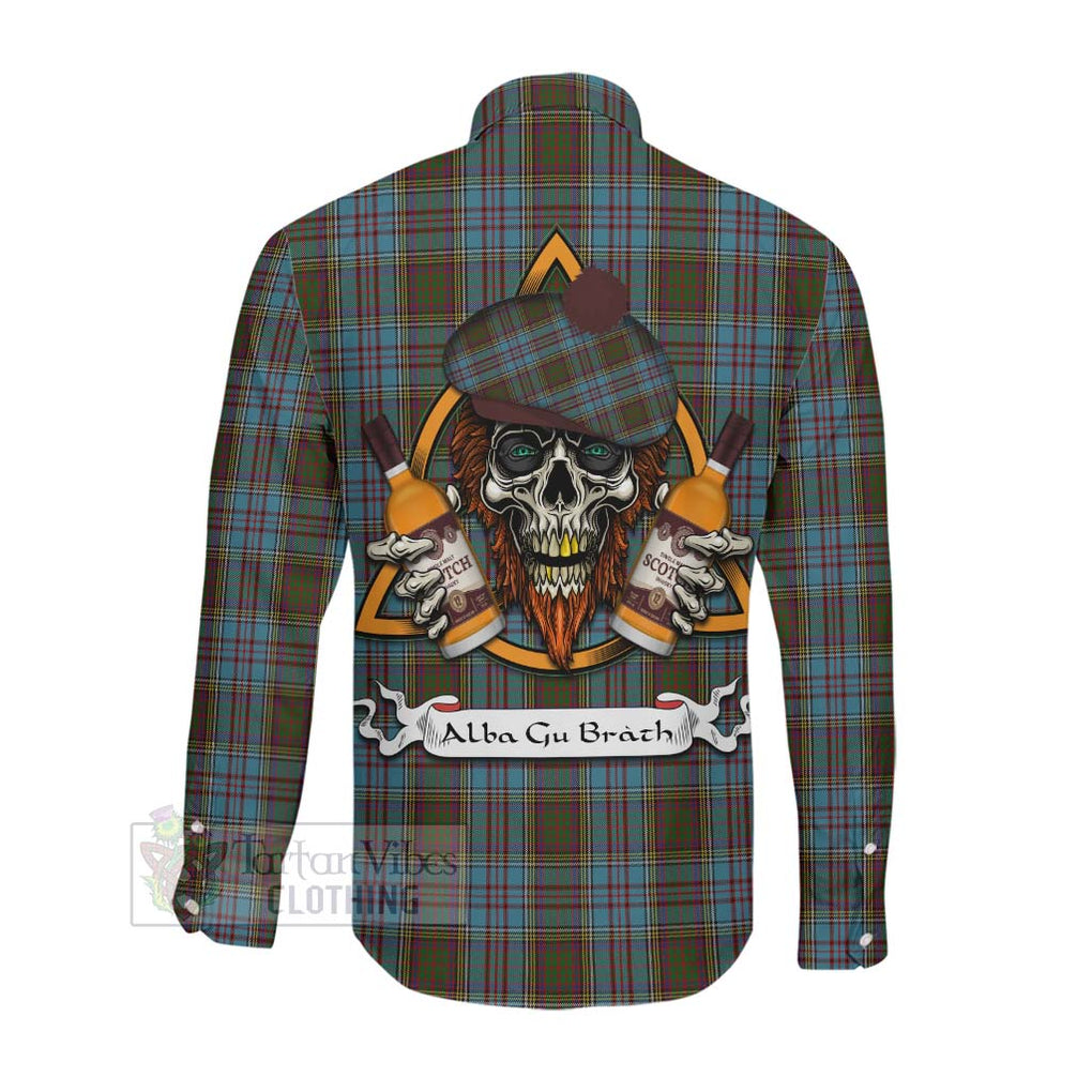 Tartan Vibes Clothing Anderson Tartan Long Sleeve Button Shirt with Family Crest and Bearded Skull Holding Bottles of Whiskey