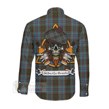 Anderson Tartan Long Sleeve Button Shirt with Family Crest and Bearded Skull Holding Bottles of Whiskey