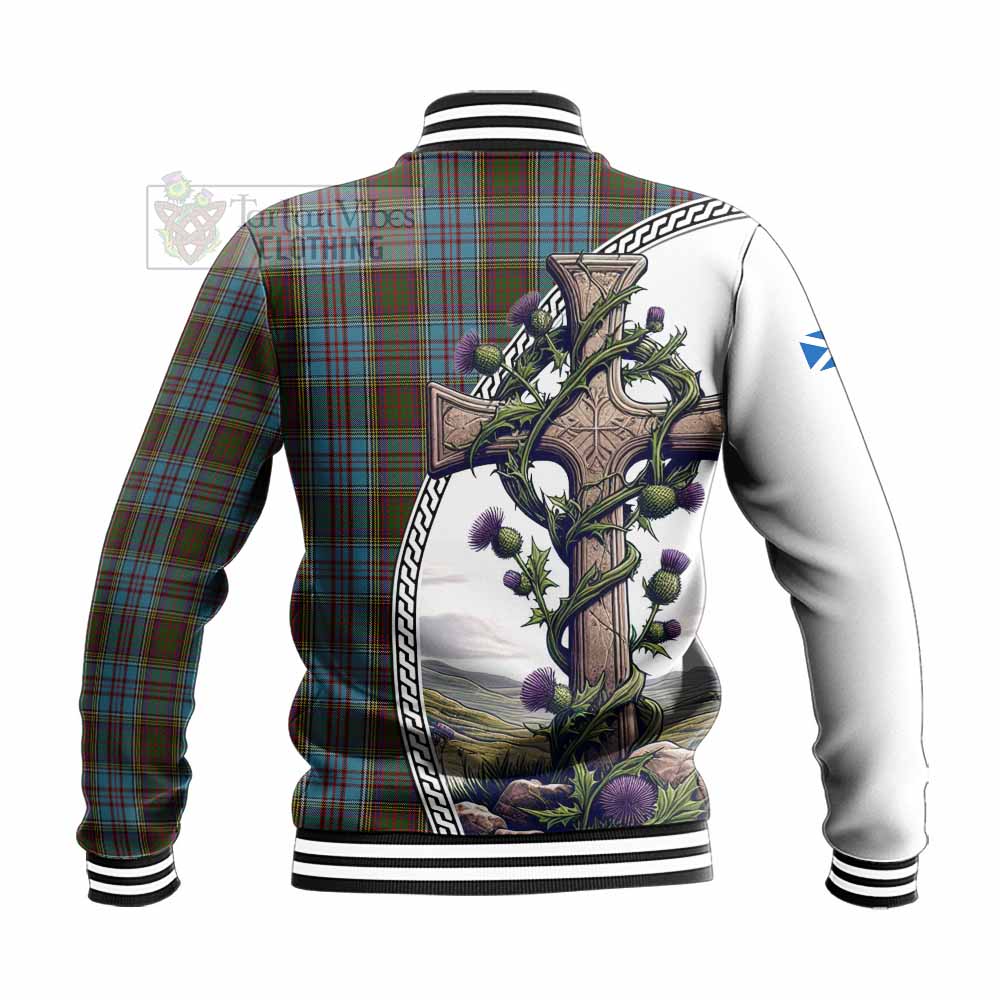 Tartan Vibes Clothing Anderson Tartan Baseball Jacket with Family Crest and St. Andrew's Cross Accented by Thistle Vines