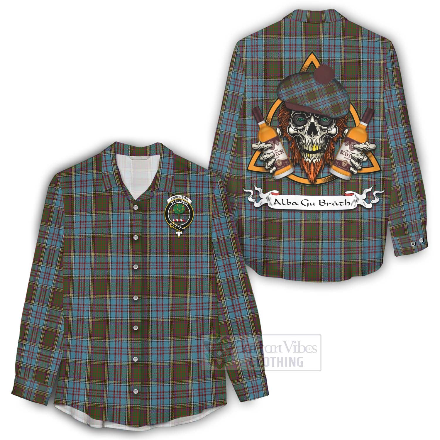 Tartan Vibes Clothing Anderson Tartan Women's Casual Shirt with Family Crest and Bearded Skull Holding Bottles of Whiskey