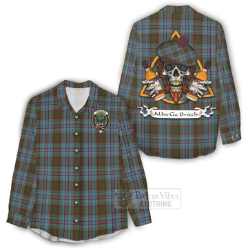 Anderson Tartan Women's Casual Shirt with Family Crest and Bearded Skull Holding Bottles of Whiskey