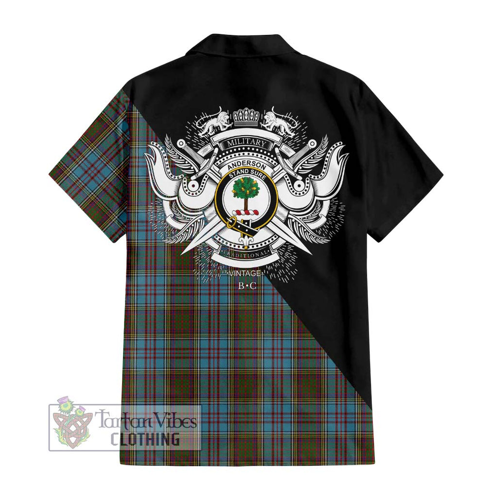 Anderson Tartan Short Sleeve Button Shirt with Family Crest and Military Logo Style - Tartanvibesclothing Shop