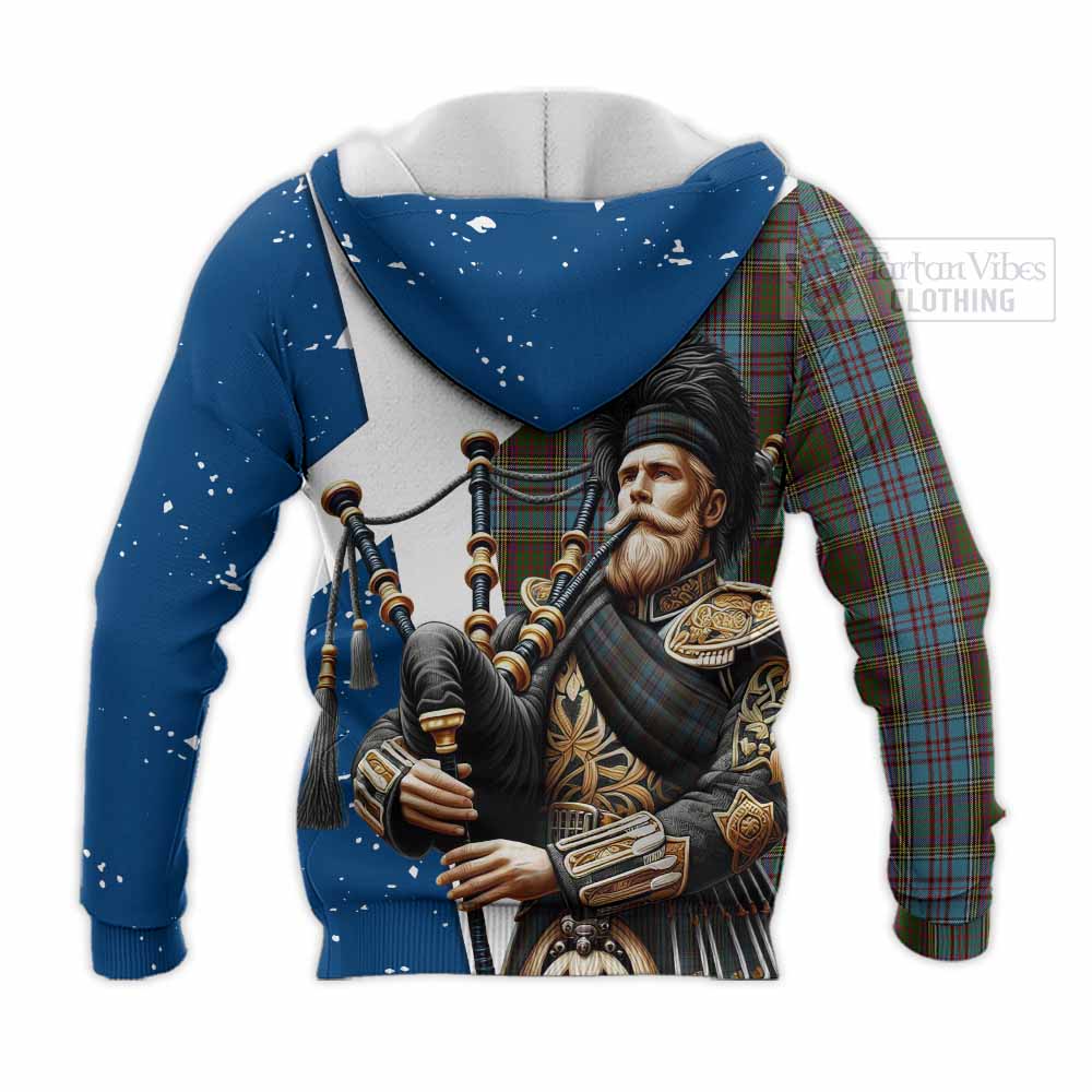 Tartan Vibes Clothing Anderson Tartan Knitted Hoodie with Family Crest Scottish Bagpiper Vibes