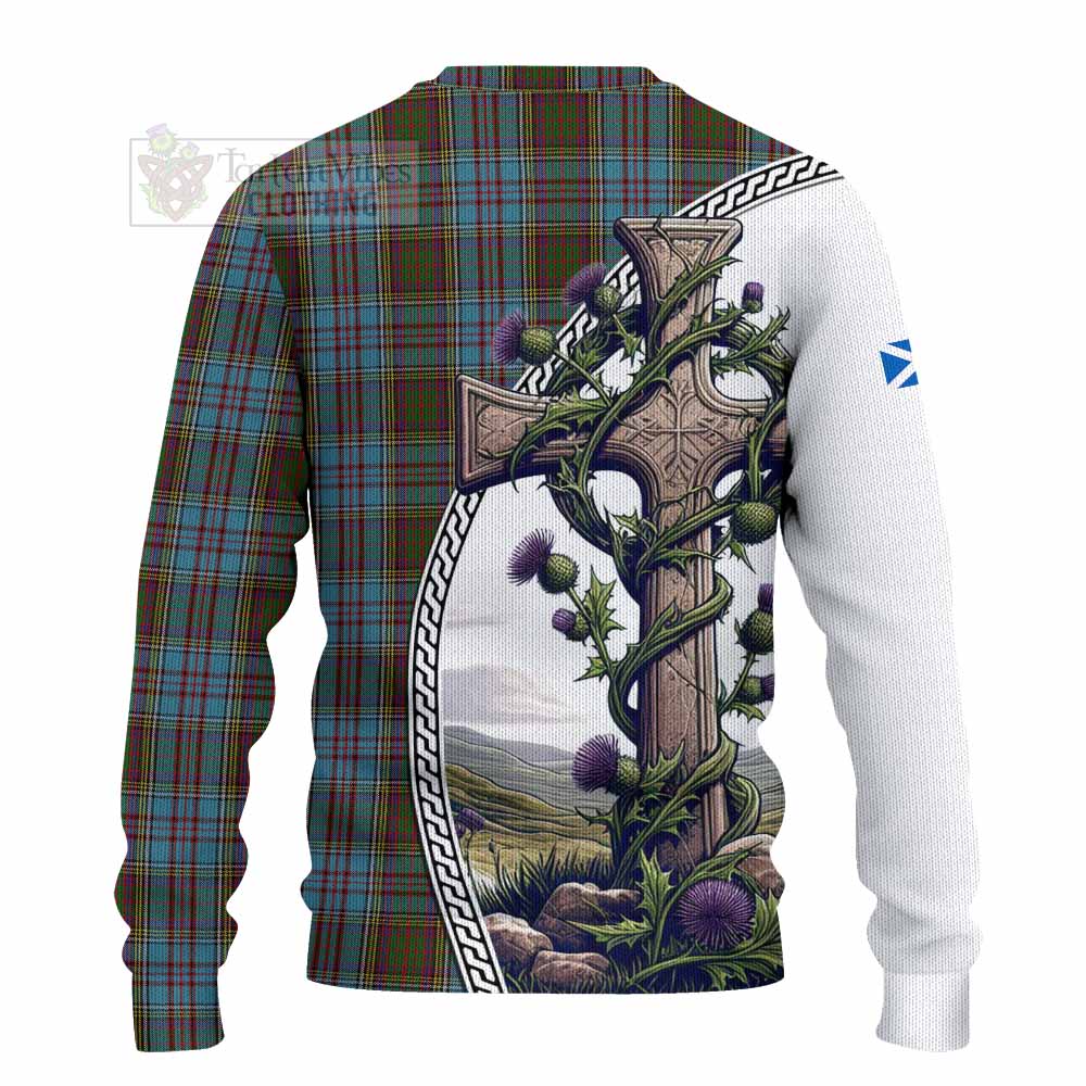 Tartan Vibes Clothing Anderson Tartan Knitted Sweater with Family Crest and St. Andrew's Cross Accented by Thistle Vines