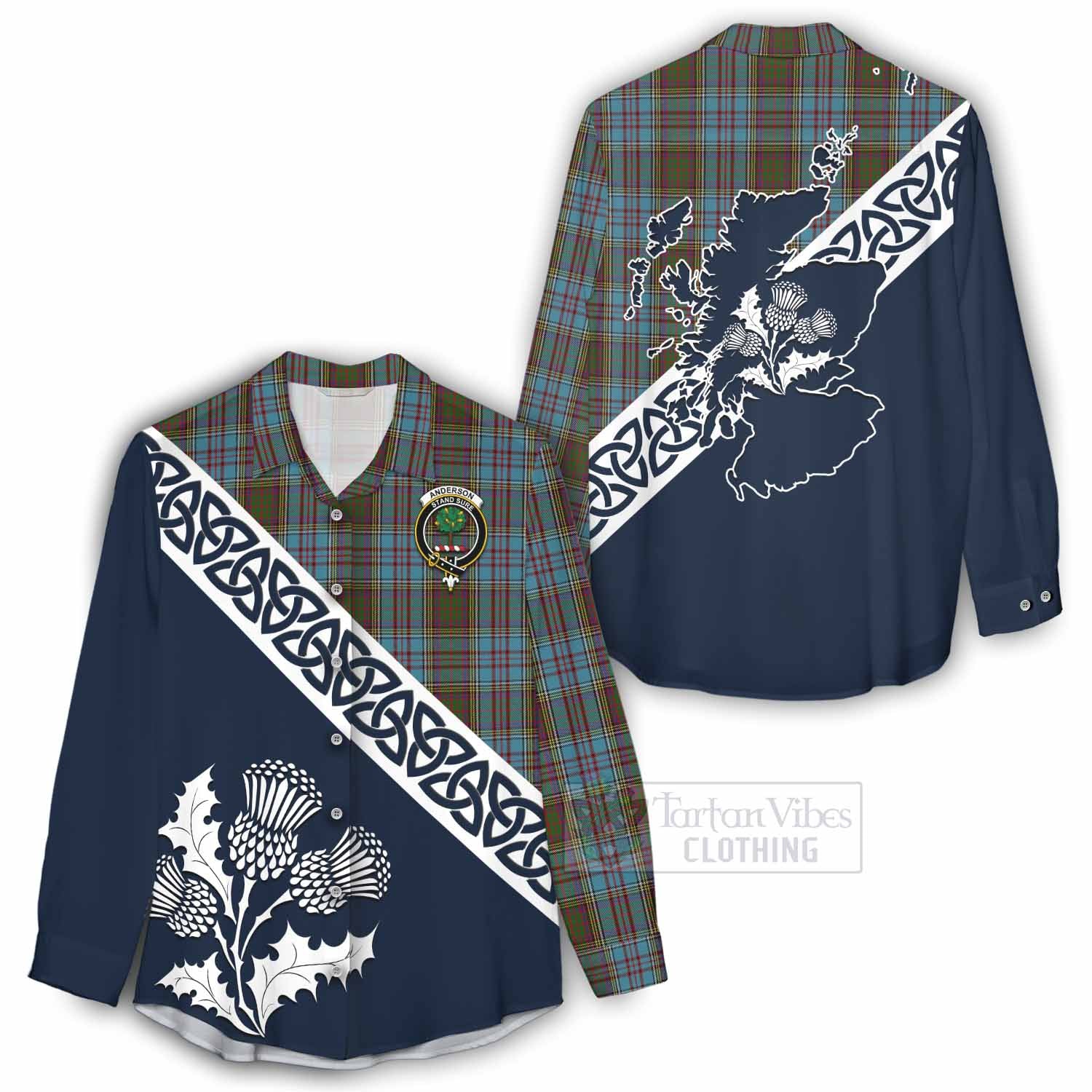 Tartan Vibes Clothing Anderson Tartan Women's Casual Shirt Featuring Thistle and Scotland Map