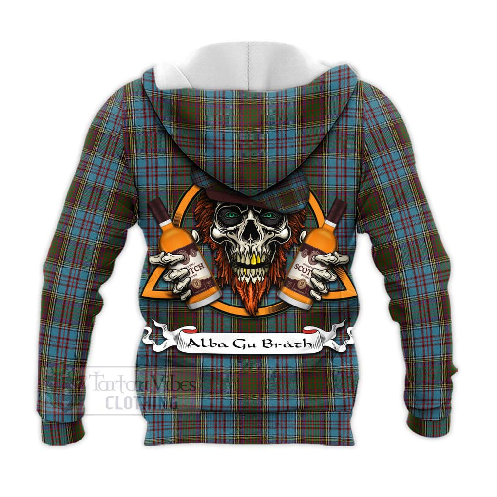 Tartan Vibes Clothing Anderson Tartan Knitted Hoodie with Family Crest and Bearded Skull Holding Bottles of Whiskey