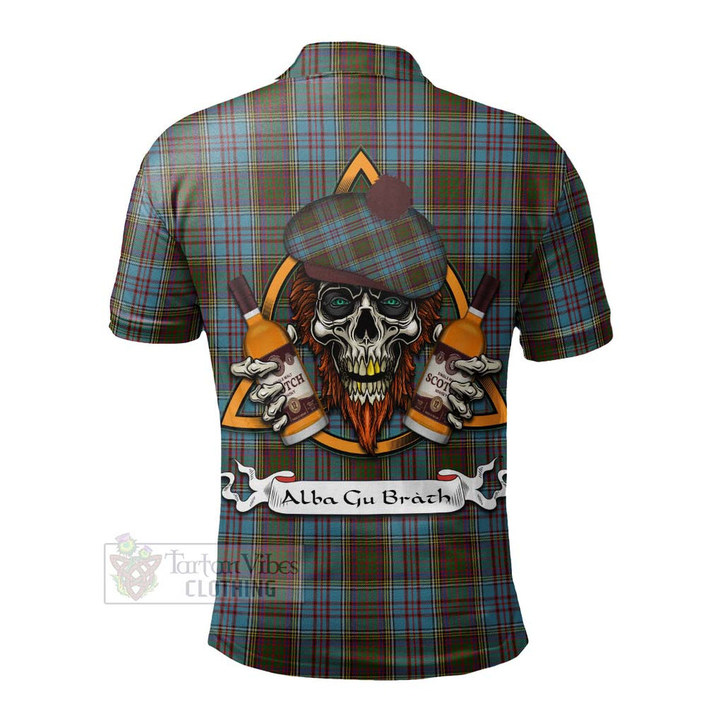 Tartan Vibes Clothing Anderson Tartan Polo Shirt with Family Crest and Bearded Skull Holding Bottles of Whiskey