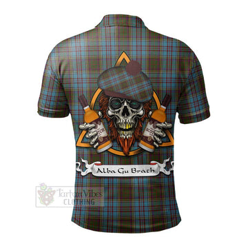 Anderson Tartan Polo Shirt with Family Crest and Bearded Skull Holding Bottles of Whiskey