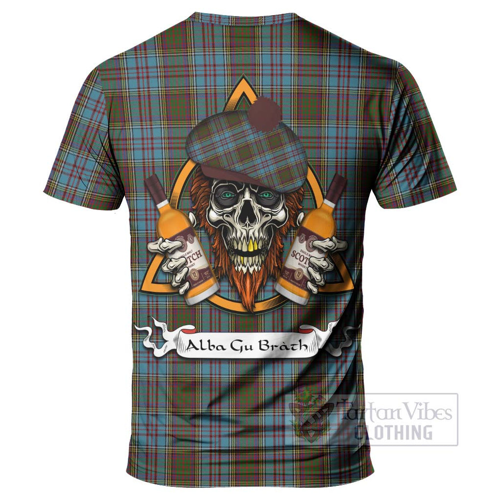 Tartan Vibes Clothing Anderson Tartan T-Shirt with Family Crest and Bearded Skull Holding Bottles of Whiskey