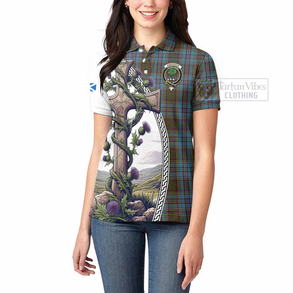 Tartan Vibes Clothing Anderson Tartan Women's Polo Shirt with Family Crest and St. Andrew's Cross Accented by Thistle Vines