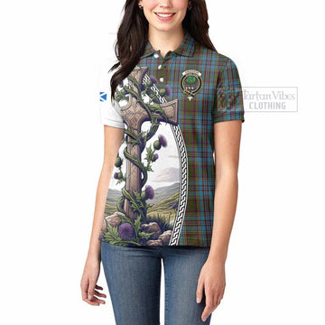 Anderson Tartan Women's Polo Shirt with Family Crest and St. Andrew's Cross Accented by Thistle Vines