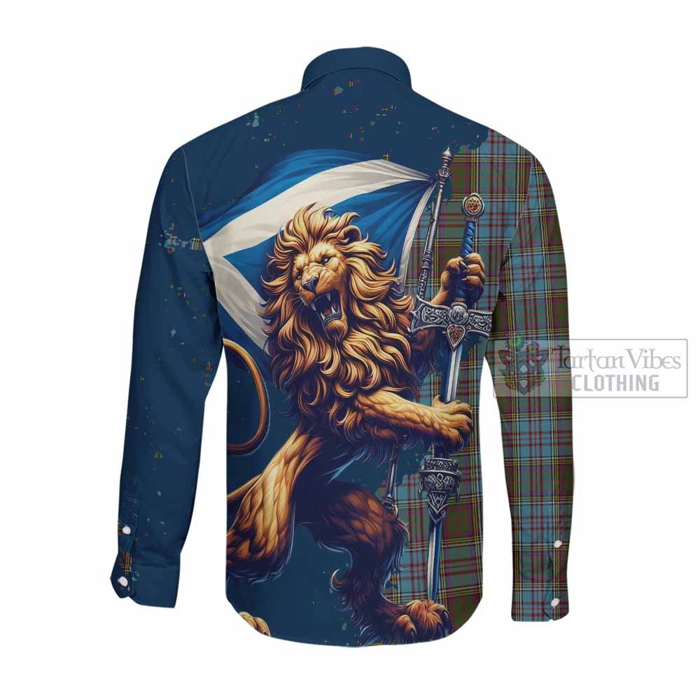 Tartan Vibes Clothing Anderson Tartan Family Crest Long Sleeve Button Shirt with Scottish Majestic Lion