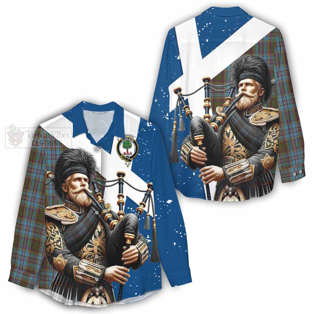 Tartan Vibes Clothing Anderson Tartan Women's Casual Shirt with Family Crest Scottish Bagpiper Vibes