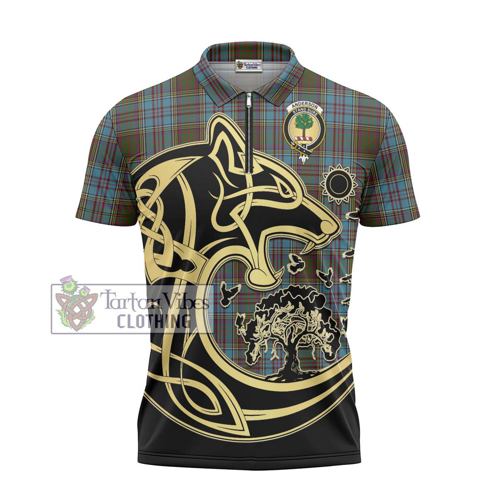 Anderson Tartan Zipper Polo Shirt with Family Crest Celtic Wolf Style - Tartanvibesclothing Shop