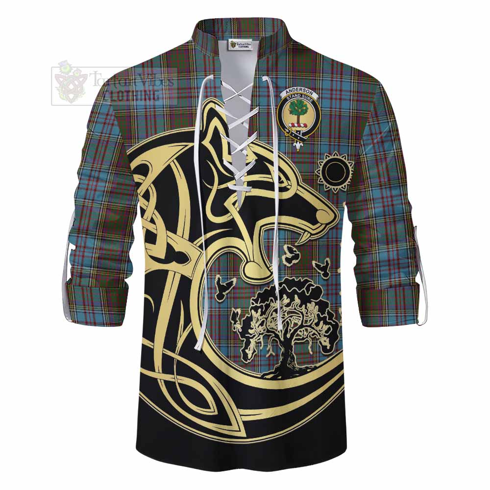 Tartan Vibes Clothing Anderson Tartan Ghillie Kilt Shirt with Family Crest Celtic Wolf Style