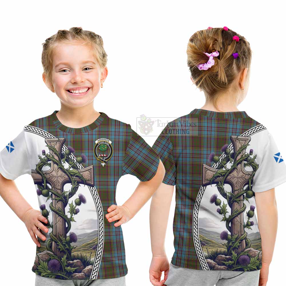 Tartan Vibes Clothing Anderson Tartan Kid T-Shirt with Family Crest and St. Andrew's Cross Accented by Thistle Vines