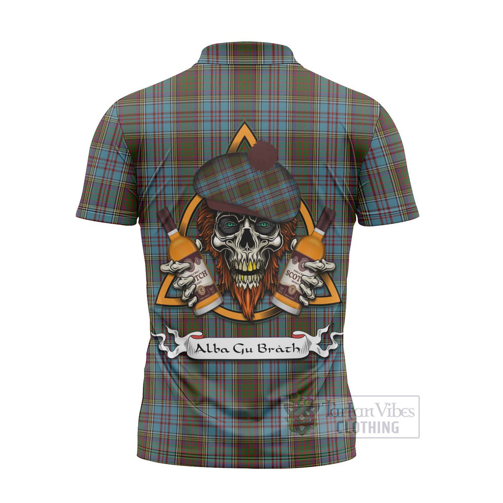 Tartan Vibes Clothing Anderson Tartan Zipper Polo Shirt with Family Crest and Bearded Skull Holding Bottles of Whiskey