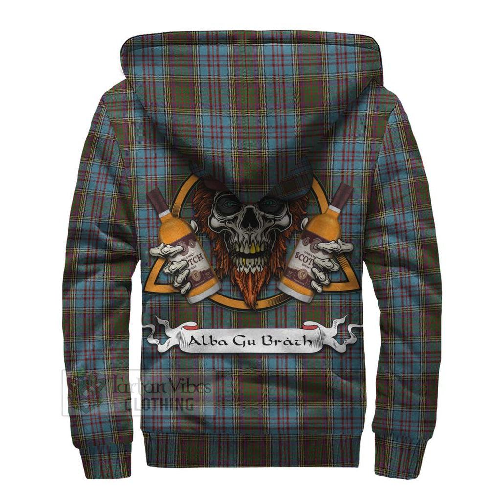 Tartan Vibes Clothing Anderson Tartan Sherpa Hoodie with Family Crest and Bearded Skull Holding Bottles of Whiskey